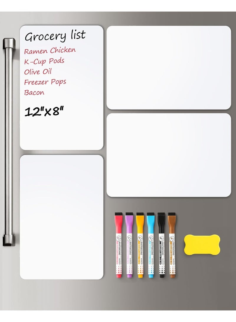 This 4-piece magnetic refrigerator whiteboard set features stain-resistant technology, includes 6 markers and 1 eraser, and measures 12 x 8 inches. - Image 1